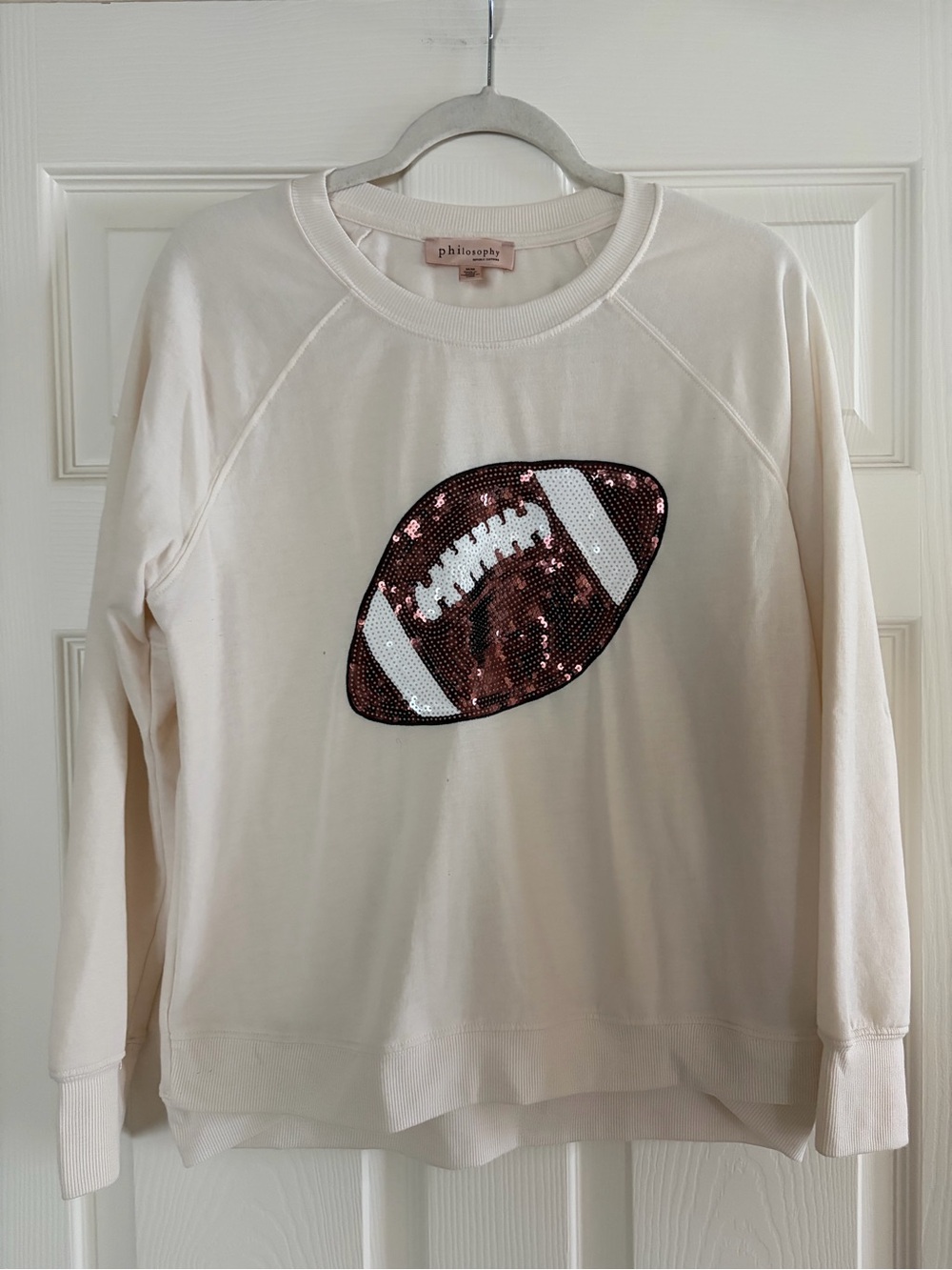 Philosophy Cream Sequin Football Sweatshirt Pullover Long Sleeve Top Size M